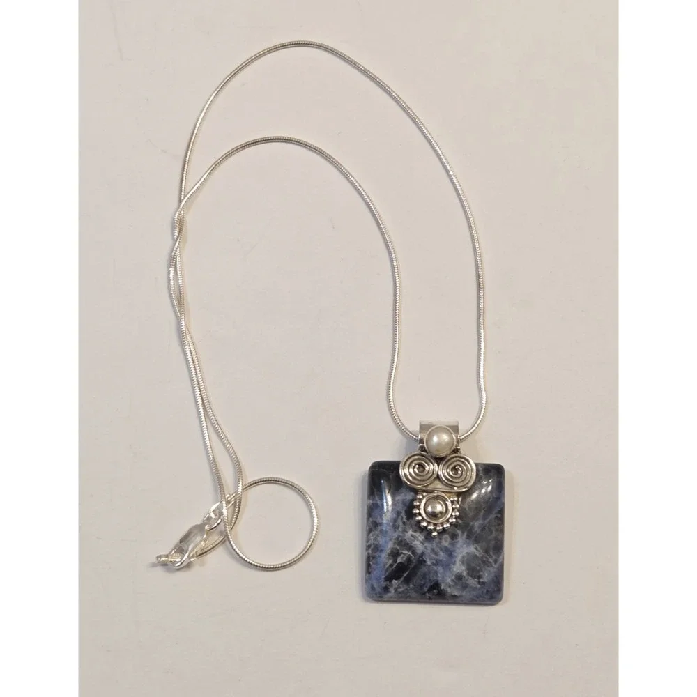 Vintage Sterling Silver Sodalite Pearl Pendant 18